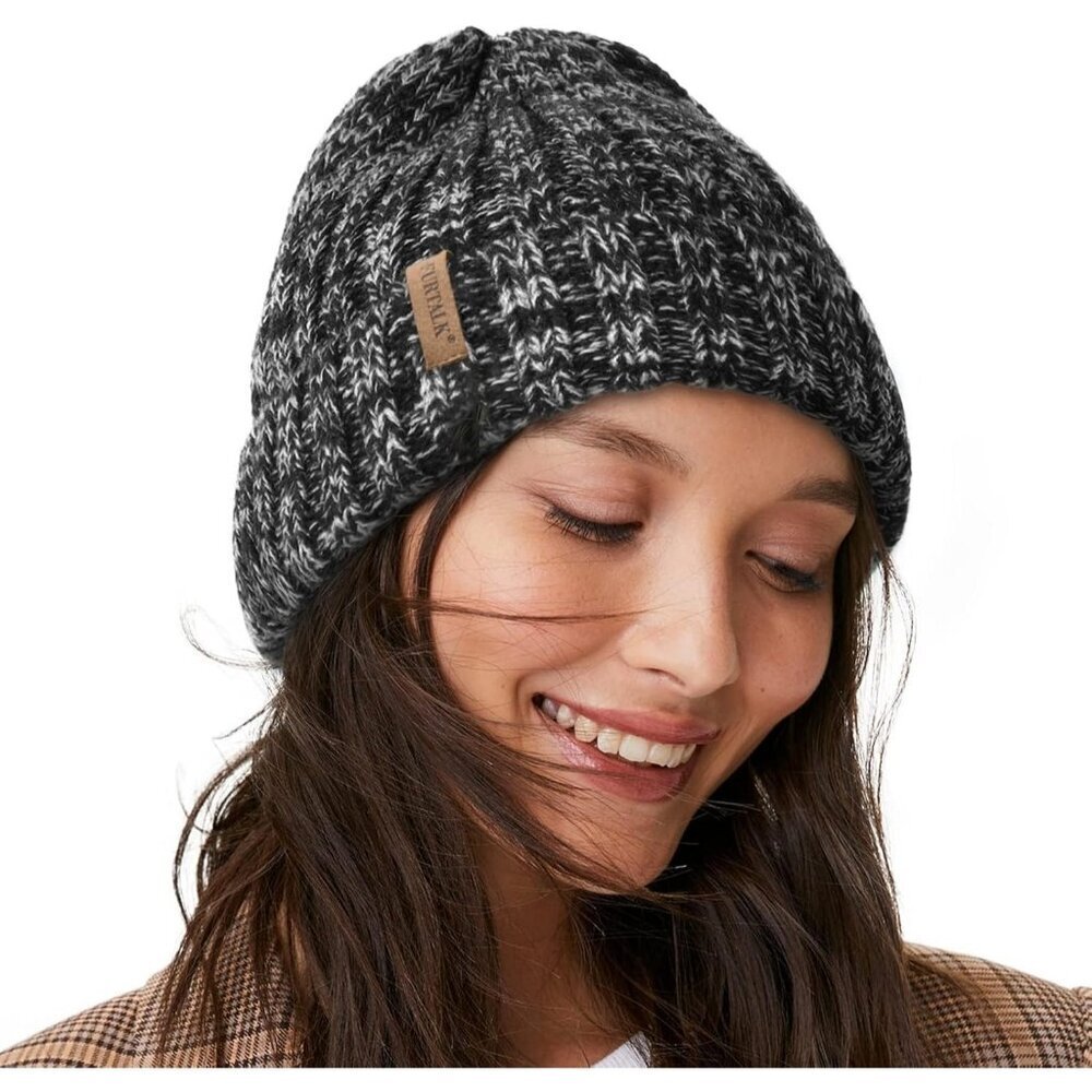 Women’s Mix Black Winter Fleece-Lined Chunky Knit Beanie Snow Hat Cap